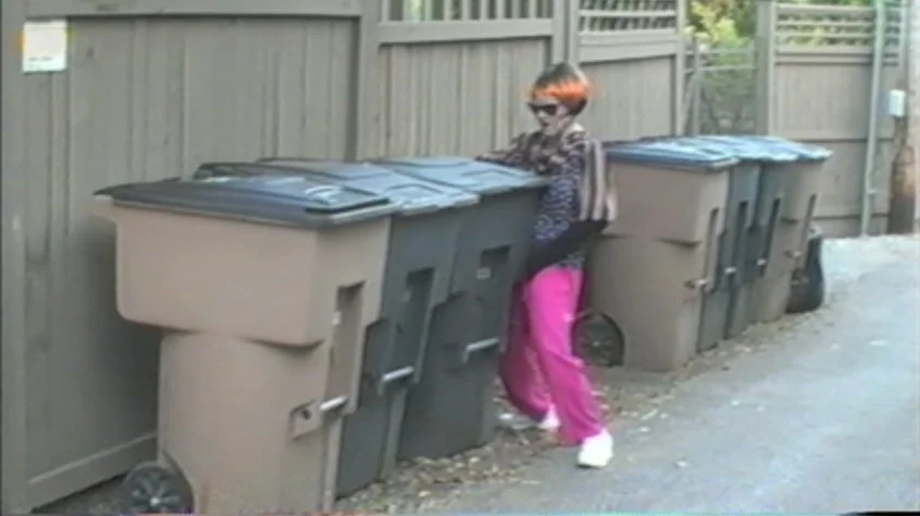 Trash Humpers (2009) movie still: medium — An outdoor alleyway features a tall wooden privacy fence bordering several large plastic bins. A teenager…
