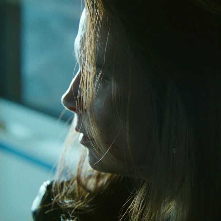 Mommy (2014) movie still: closeup — A dark indoor setting is lit by a narrow beam of daylight from a window. A woman's profile is caught in the edge…