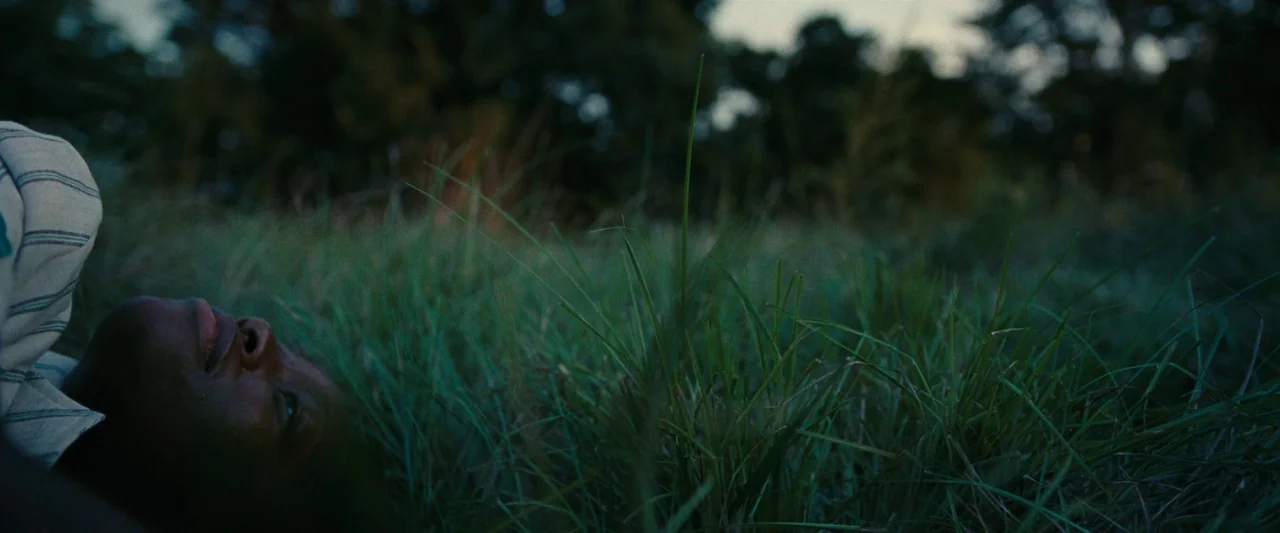 All Dirt Roads Taste of Salt (2023) movie still: closeup — A dark outdoor field covered in tall green grass at dusk. A person lies on their back in…