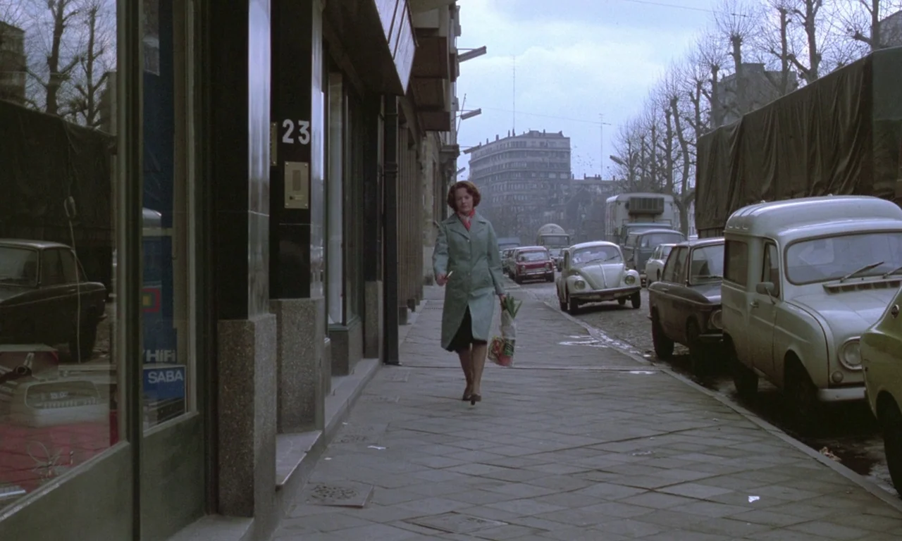 Jeanne Dielman, 23, quai du commerce, 1080 Bruxelles (1975) movie still: fullbody — An urban sidewalk runs alongside storefronts with a view toward…
