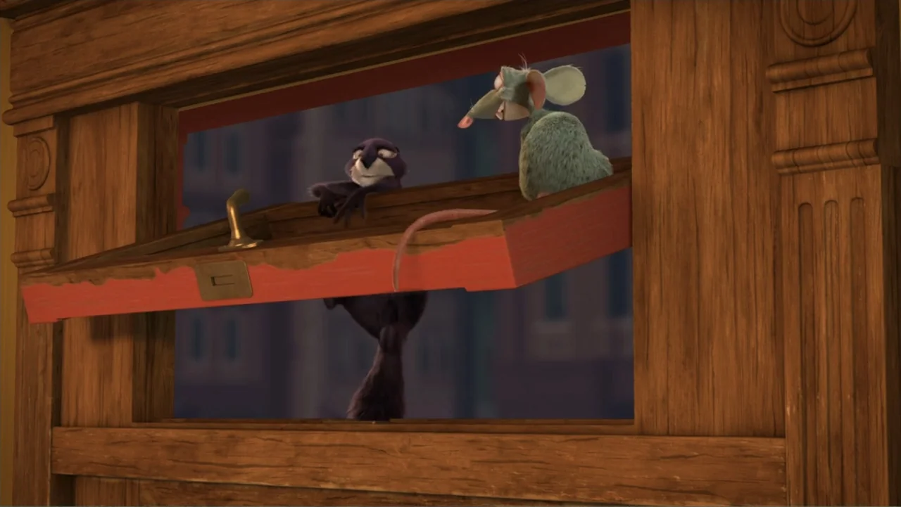 The Nut Job (2014) movie still: medium — A wooden window frame sits open, revealing a blurry urban exterior at dusk. Two rodent characters stand on…