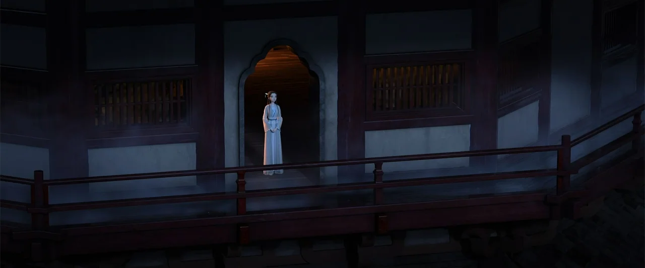 White Snake (2019) movie still: fullbody — A traditional wooden building features a dark balcony overlooking an obscured area at night. A woman in a…
