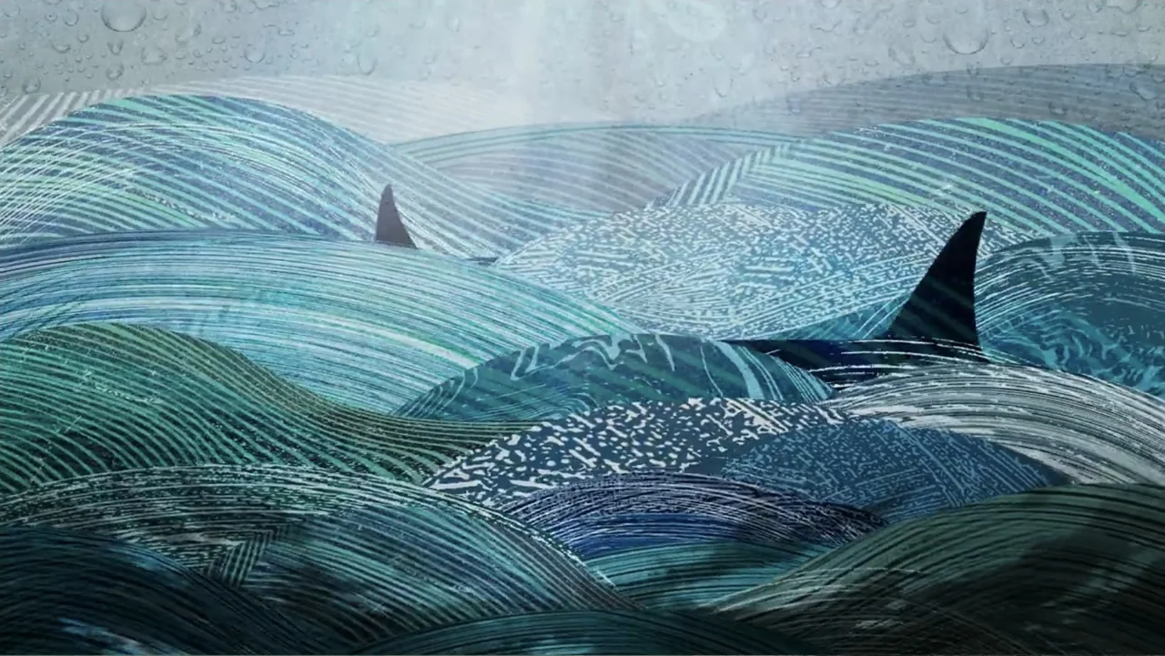 Judy Blume Forever (2023) movie still: establishing — A highly stylized, textured depiction of ocean waves with visible brushstroke patterns. Two…