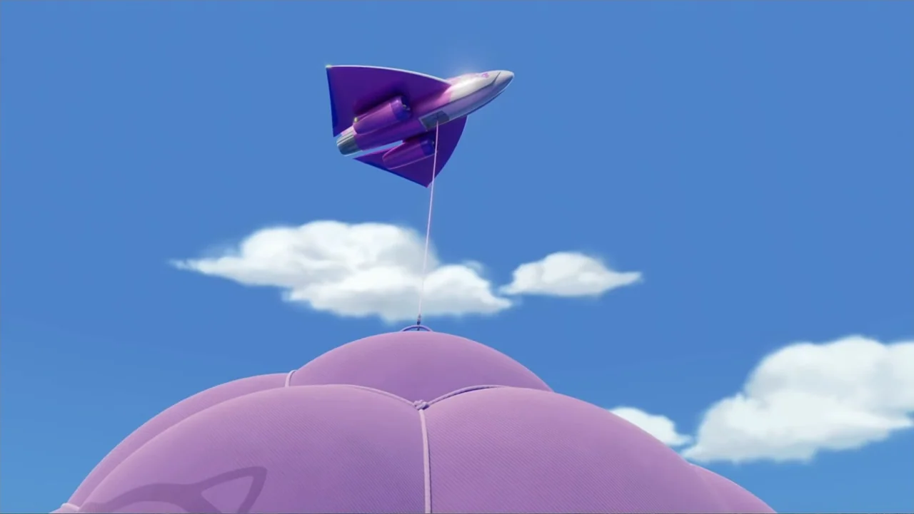 PAW Patrol: Air Rescue (2025) movie still: wide — A clear blue sky with white clouds serves as the background for a purple balloon. A stylized jet…