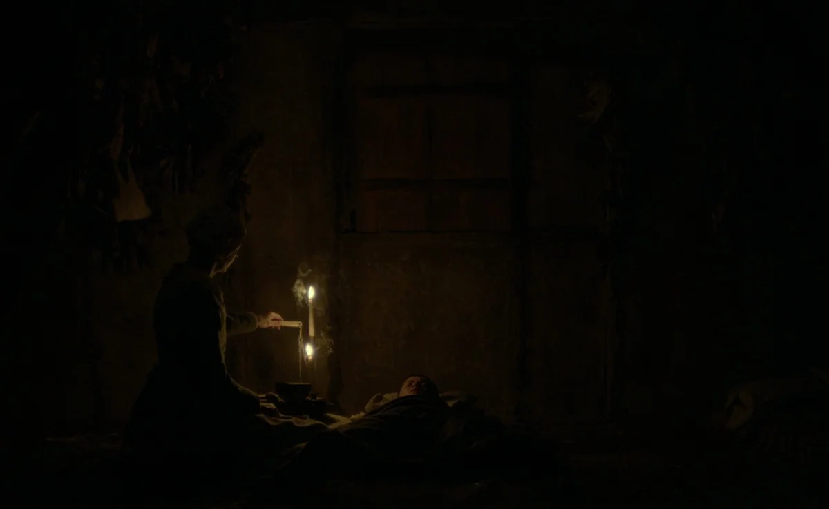 The Witch (2015) movie still: medium — A dark, cramped interior with earthen walls and a single candle illuminating the space. A woman sits beside a…