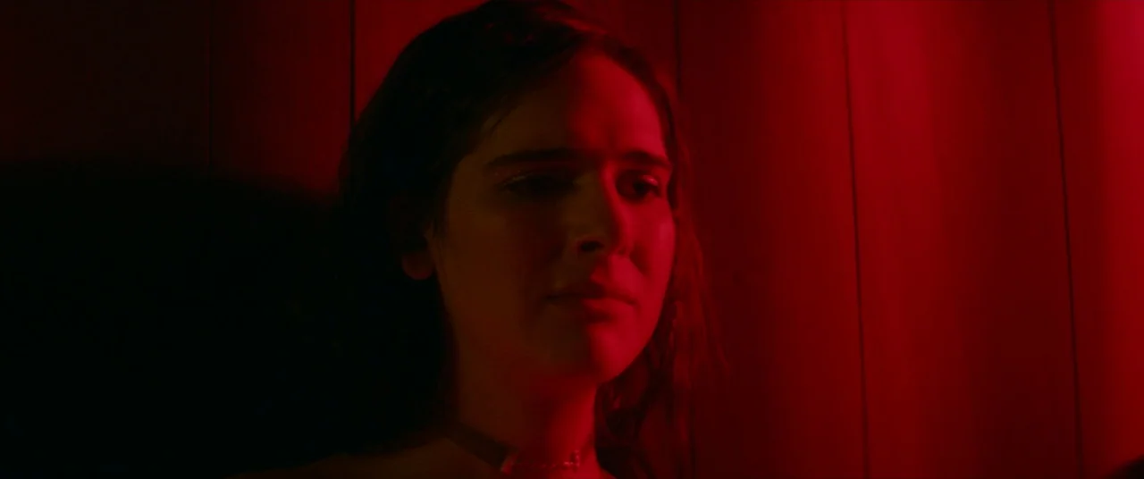 Assassination Nation (2018) movie still: closeup — A person stands against wood-paneled walls in a dimly lit, red-saturated space. The subject gazes…