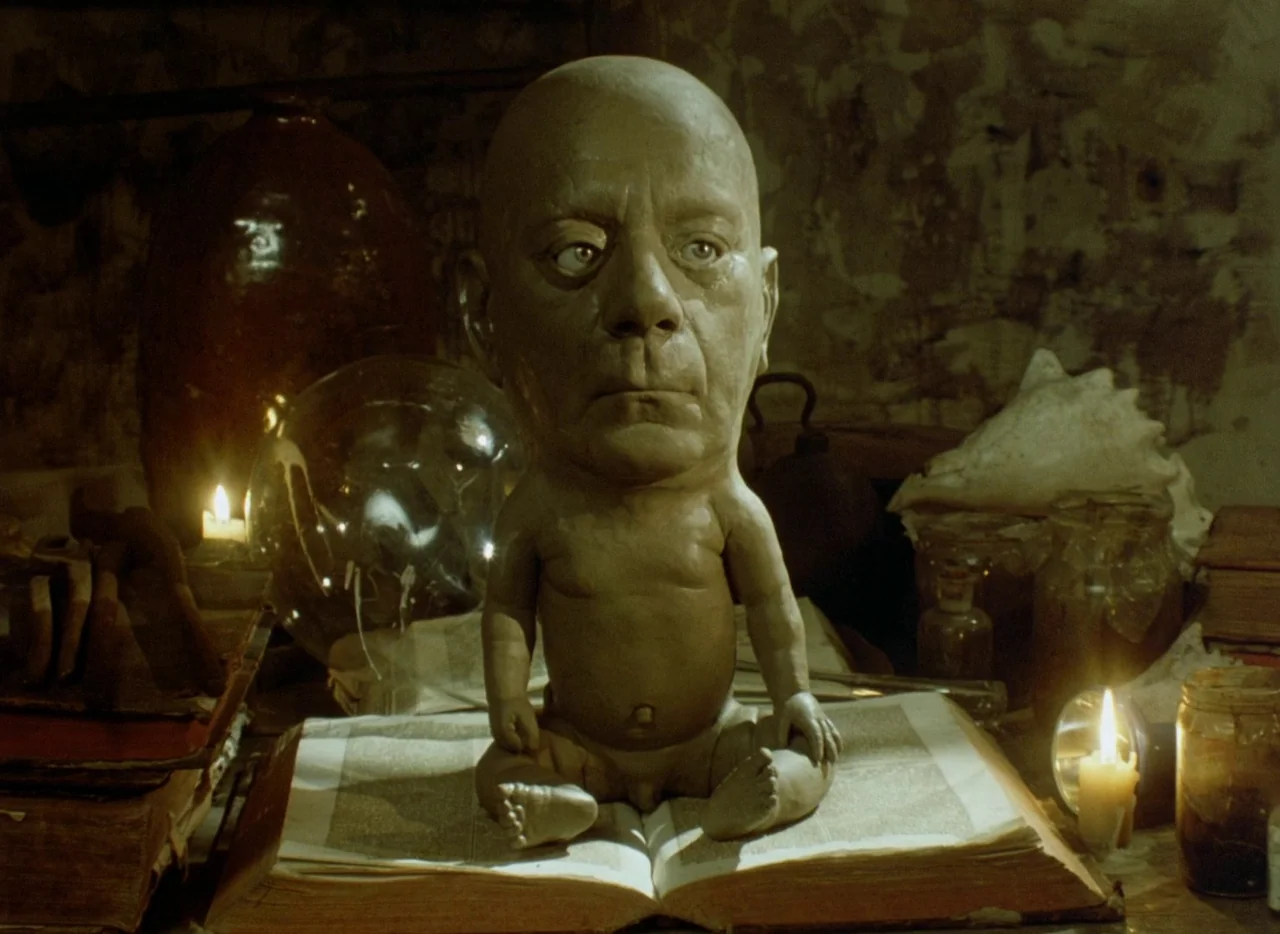 Faust (1994) movie still: closeup — A dark space cluttered with old books, glass jars, and burning candles. A small, strange figure with an…