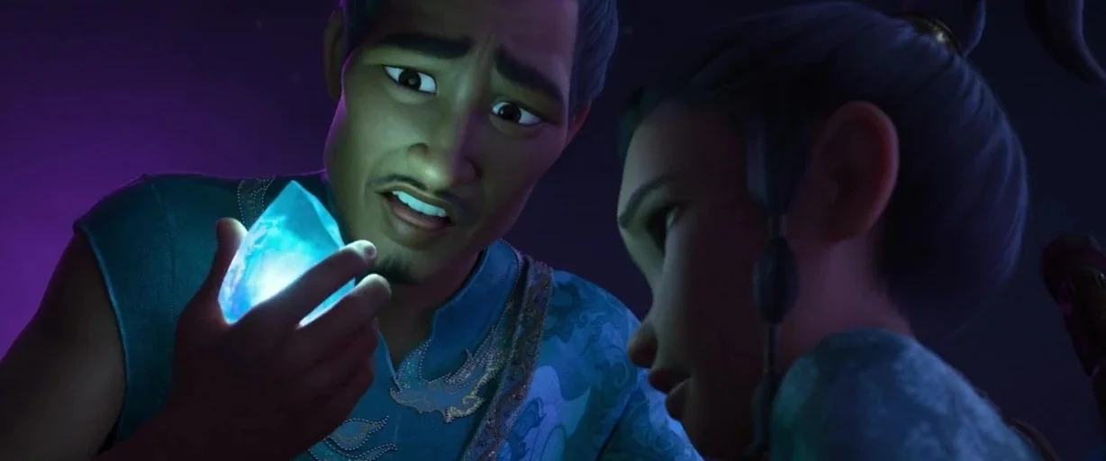 Raya and the Last Dragon (2021) movie still: medium — A dimly lit interior space filled with deep purple shadows. A man holding a glowing blue…