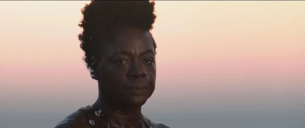 The Woman King (2022) movie still: closeup — An open landscape at sunset features a soft gradient of pink and orange sky. A woman with short natural…