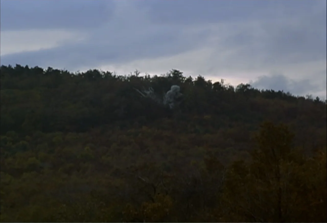When Trumpets Fade (1998) movie still: establishing — A dense forest covers the side of a rolling hill under a cloudy sky. The landscape extends…