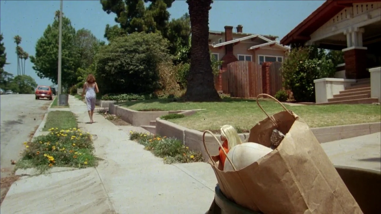 The Slumber Party Massacre (1982) movie still: wide — A sunny suburban street features a paved sidewalk, green lawns, and a craftsman house. A woman…