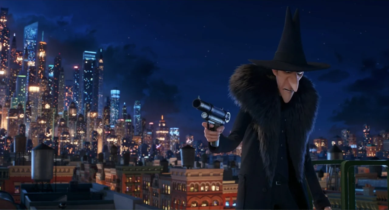 The Secret Life of Pets 2 (2019) movie still: medium — A dark urban rooftop overlooking a brightly lit city skyline at night. A man wearing a…