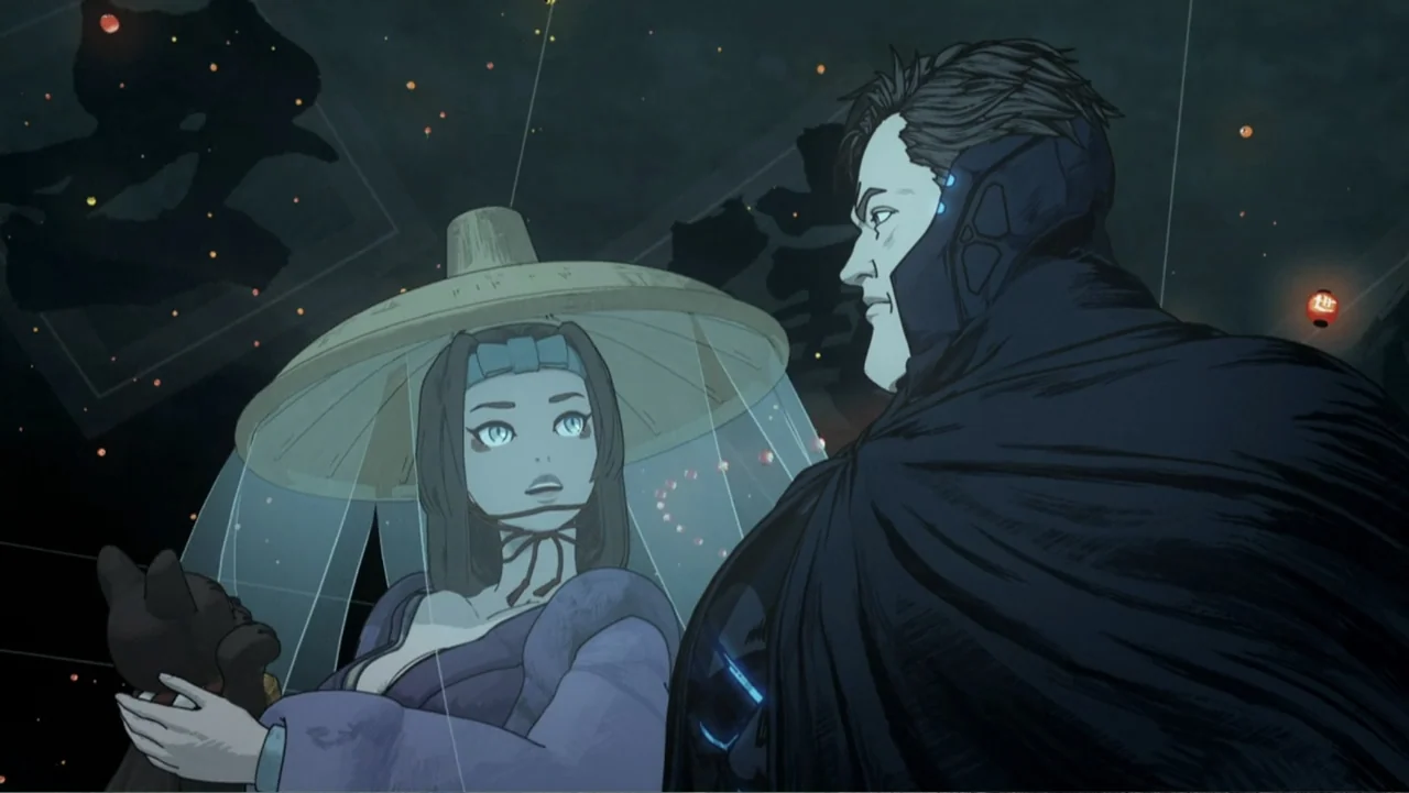 Batman Ninja vs. Yakuza League (2025) movie still: medium — A night setting features floating digital calligraphy and small glowing red lanterns in…