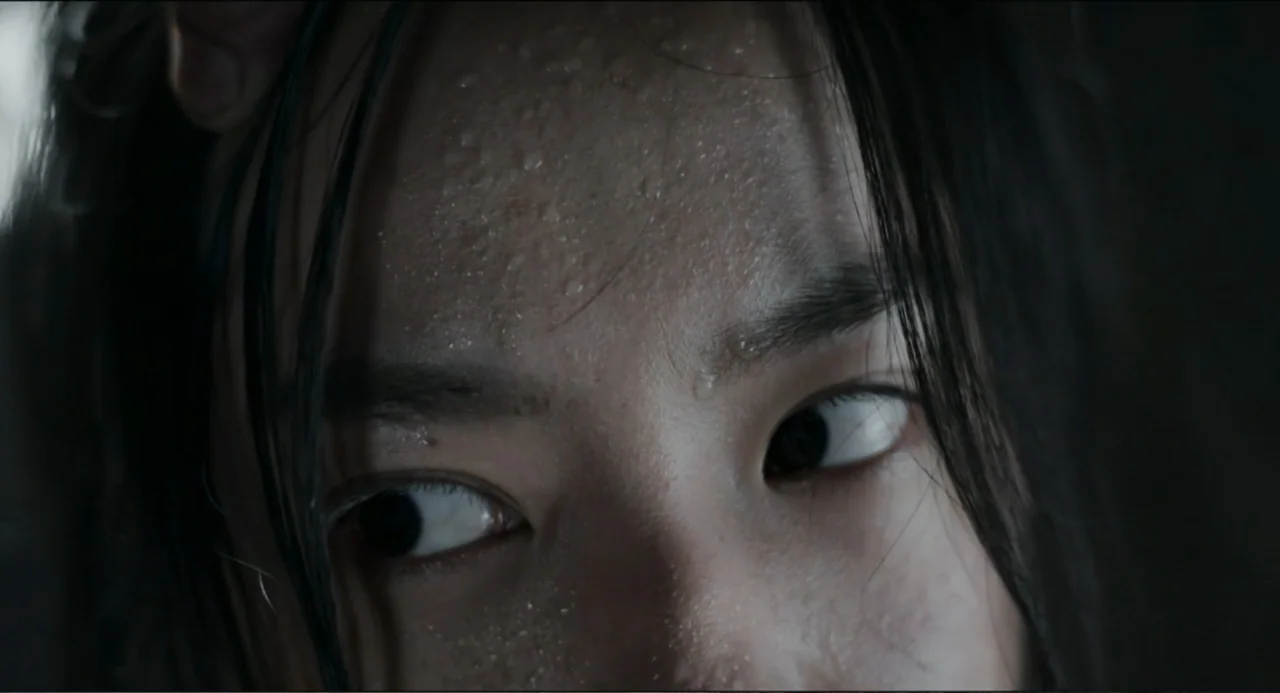 Legends of the Condor Heroes: The Gallants (2025) movie still: closeup — A close view of a face with visible sweat droplets on the skin. The person…