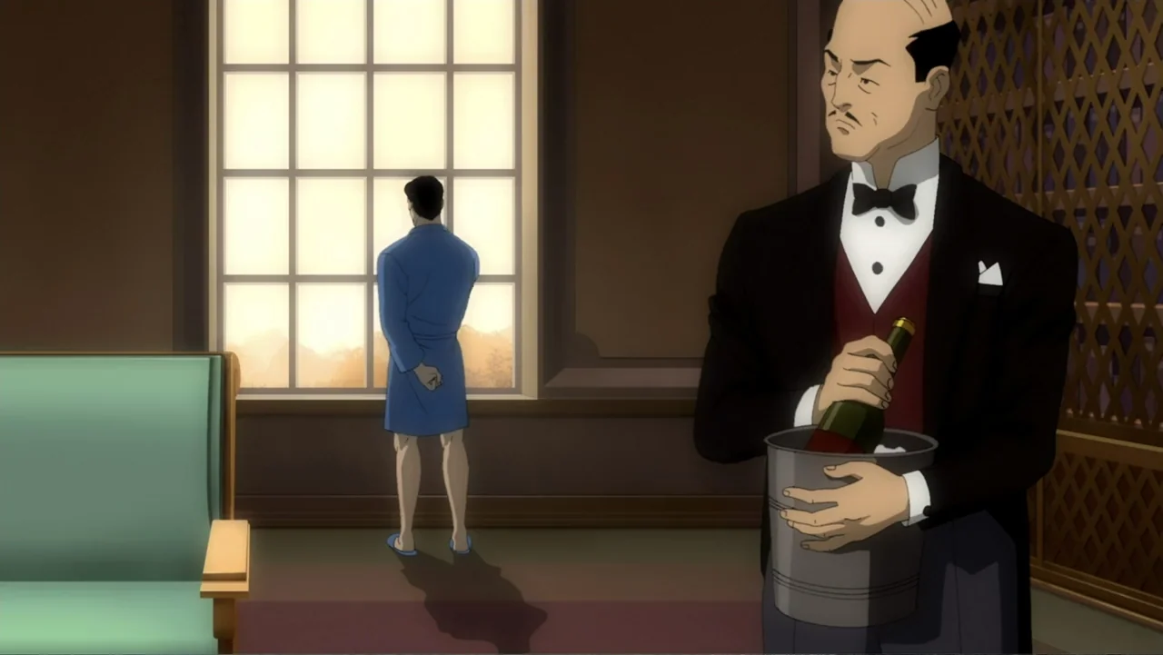 Batman: Year One (2011) movie still: medium — A refined room with dark wood panels and a large window looking outdoors. An older man in formal…