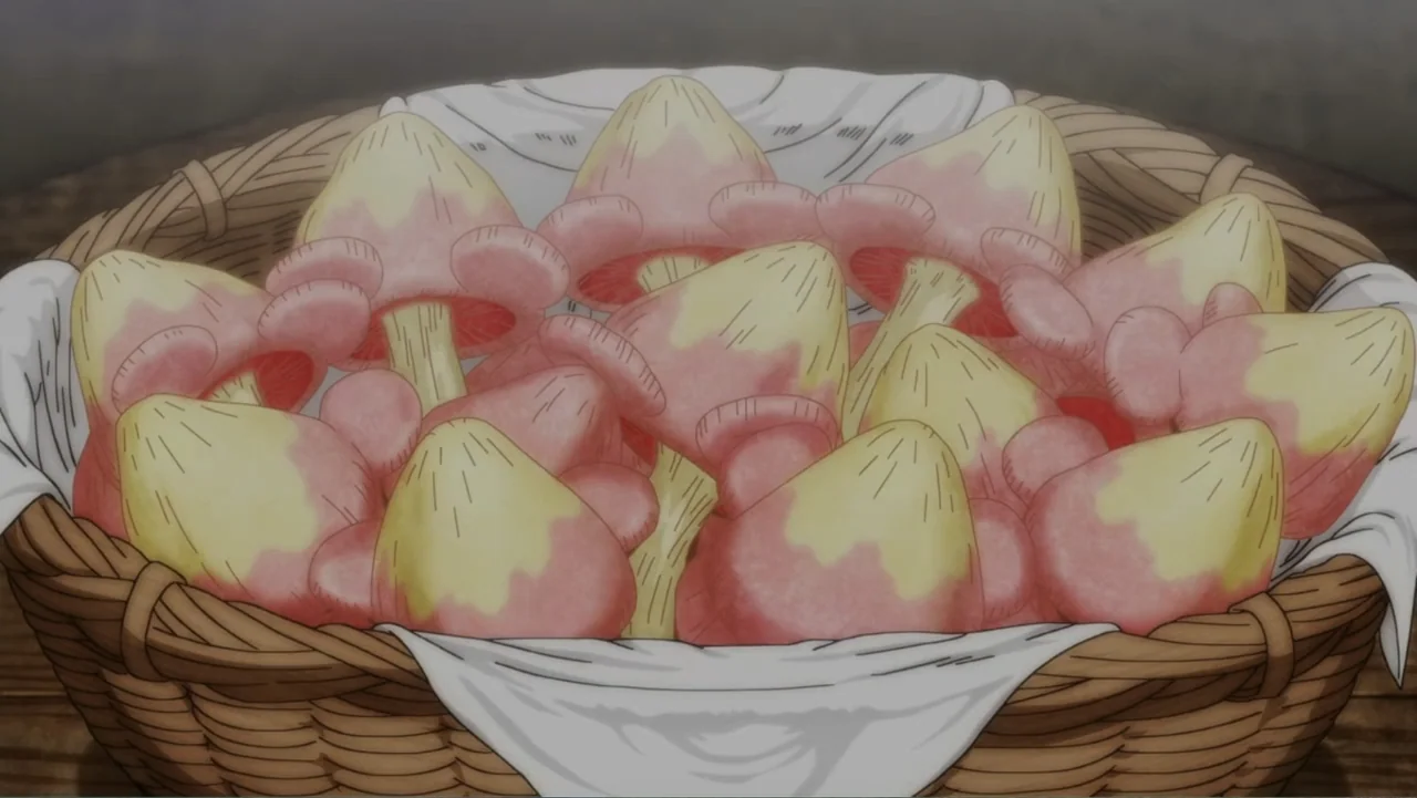 One Piece Film Red (2022) movie still: closeup — A woven wicker basket contains a large collection of pale pink and yellow mushrooms. The basket is…