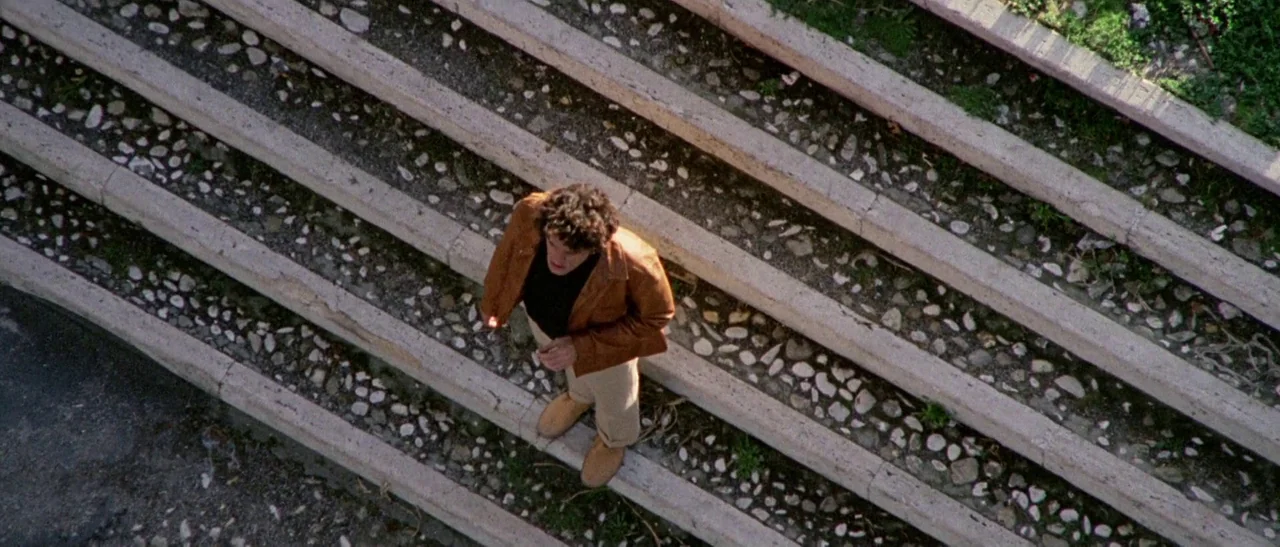 The Bird With The Crystal Plumage (1970) movie still: fullbody — A man stands on a wide outdoor staircase paved with smooth river stones. The…