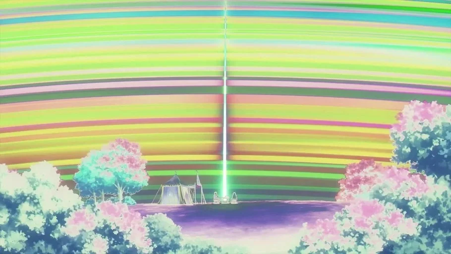 Frieren: Beyond Journey's End (2023) movie still: wide — A vast field is framed by stylized flowering trees under a rainbow-striped sky. A vertical…
