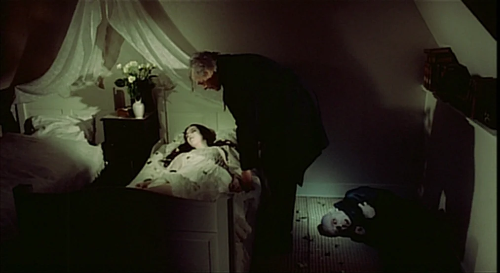 Nosferatu the Vampyre (Nosferatu Phantom Der Nacht) (1979) movie still: medium — An attic space with low-sloped ceilings and a white canopy bed. A…