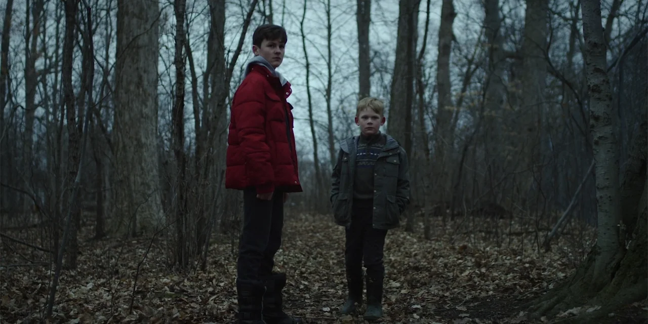 Lobos (2019) movie still: fullbody — A dense patch of leafless trees covers the ground with brown fallen leaves. Two young boys stand in the center…