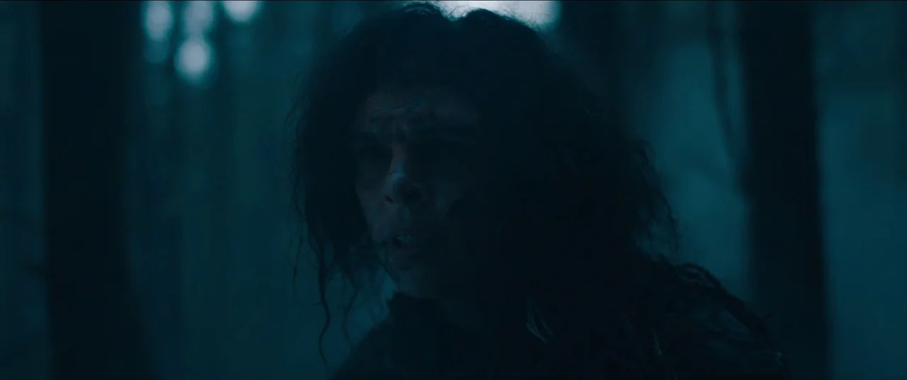Out of Darkness (2022) movie still: closeup — A dark, misty forest at night surrounds a person standing amidst blurred trees. The man gazes forward…