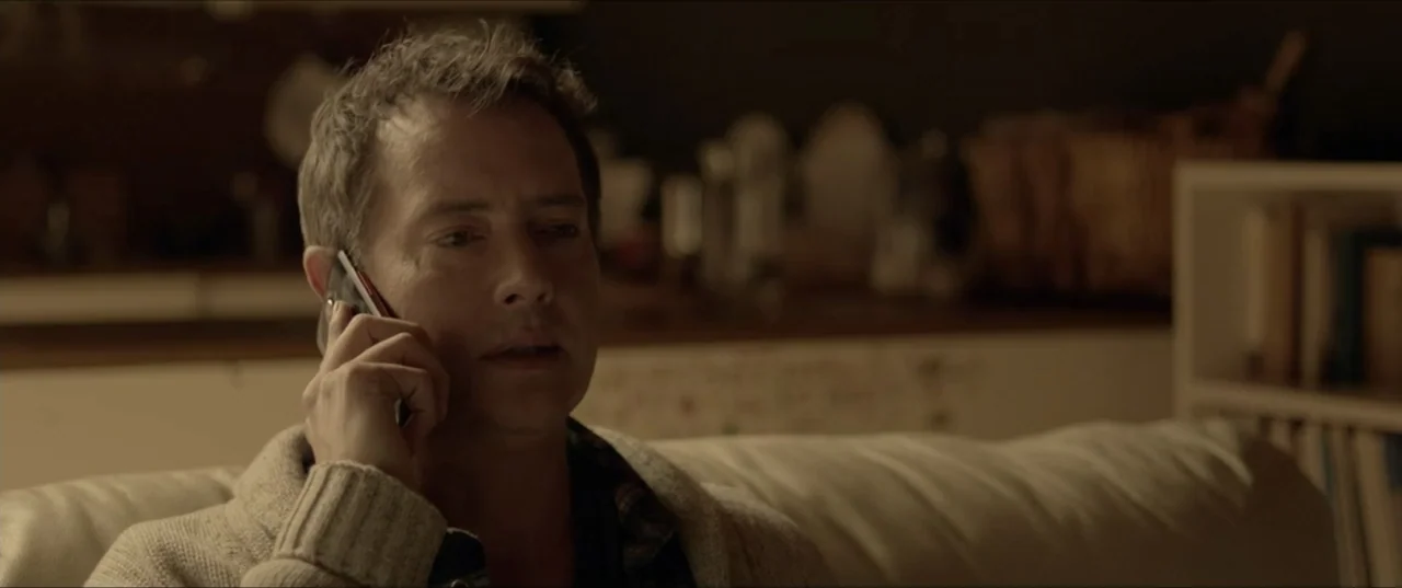 Room 6 (2006) movie still: closeup — A dimly lit room with a blurred bookshelf and counter in the background. A middle-aged man in a cable-knit…