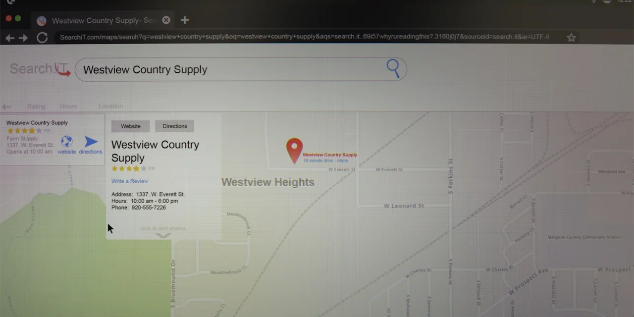 Lobos (2019) movie still: establishing — A close up view of a digital map website interface on a monitor. The screen displays location details for…