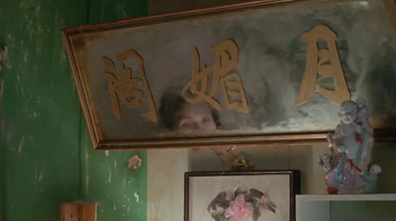 Dumplings (2004) movie still: medium — A green-walled interior room features a decorative gold-framed mirror and a porcelain statue. A woman's eyes…