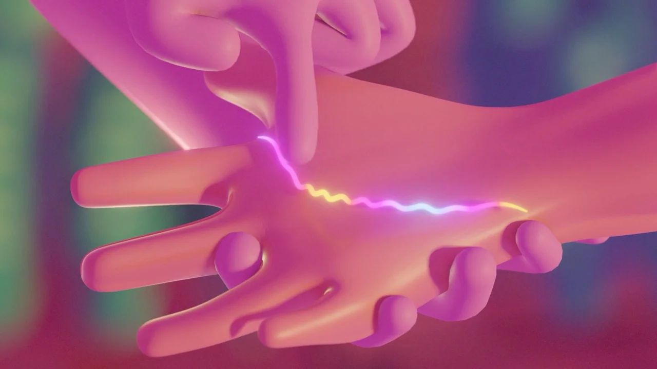 Boys Go To Jupiter (2024) movie still: closeup — A stylized 3D rendered hand features a multicolored glowing neon wave on its surface. A finger…