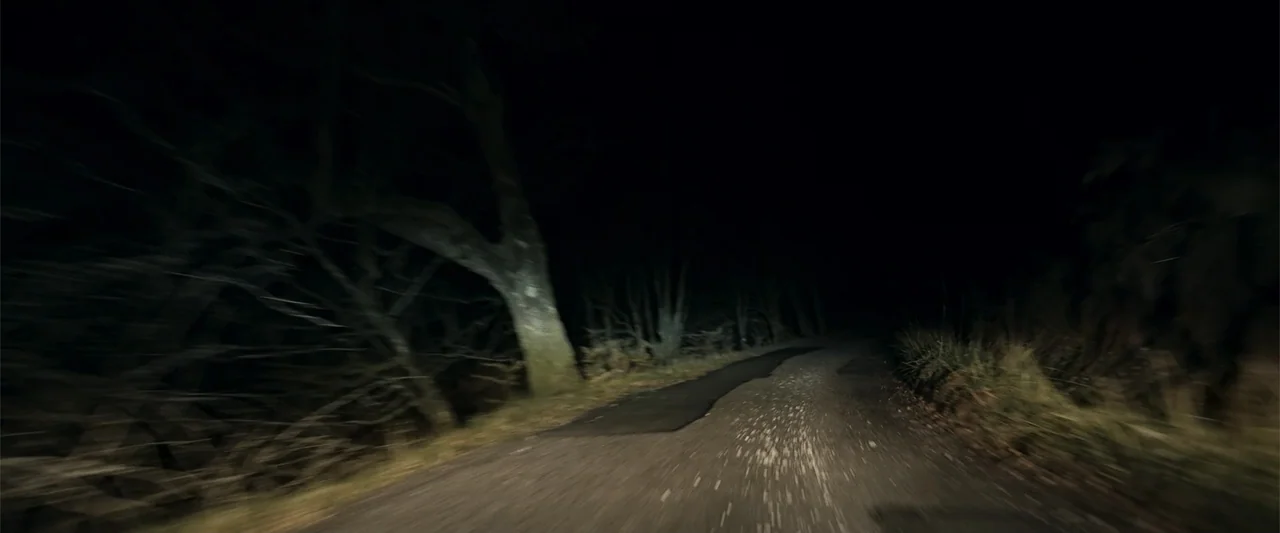 My Son (2021) movie still: wide — A narrow asphalt road winds through a dark wooded area at night. The view is from a moving vehicle with visible…