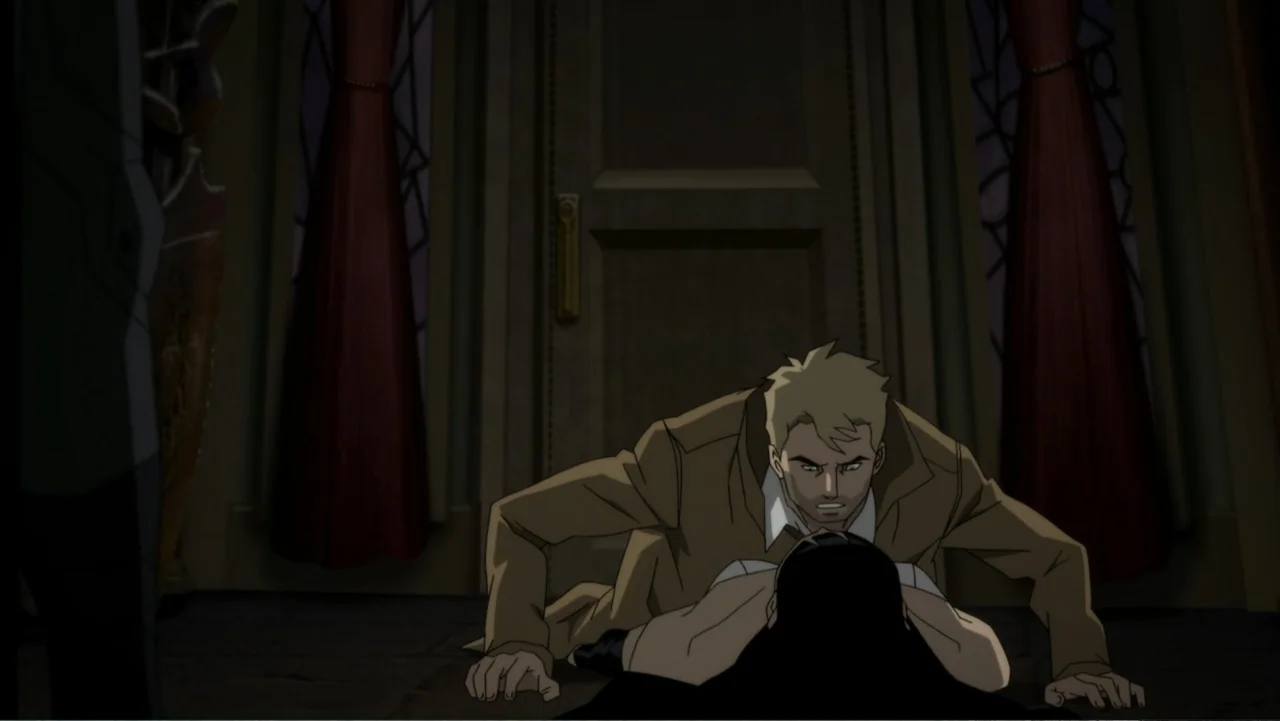 Justice League Dark (2017) movie still: medium — A dimly lit interior space features heavy dark curtains and a paneled wooden door. A man in a…