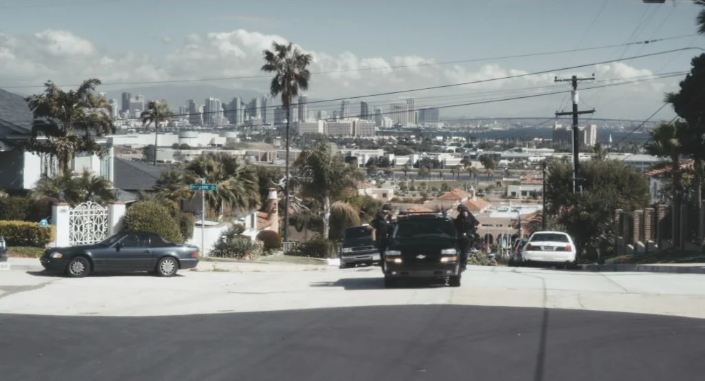 My Son, My Son, What Have Ye Done? (2009) movie still: wide — A suburban residential street overlooks a distant city skyline under a clear sky. A…
