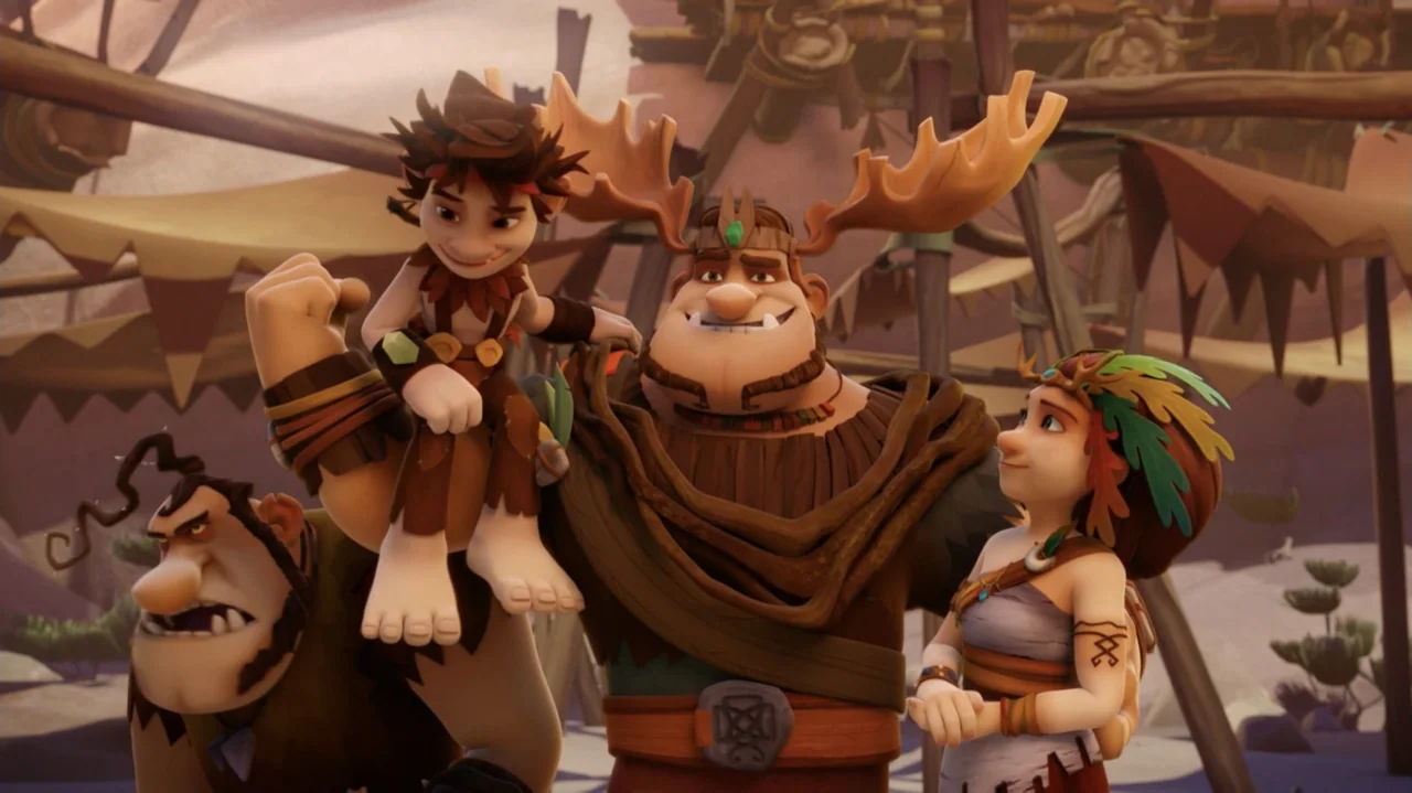 Troll: The Tale of a Tail (2018) movie still: medium — A group of stylized animated characters stands together within a desert-like tented…