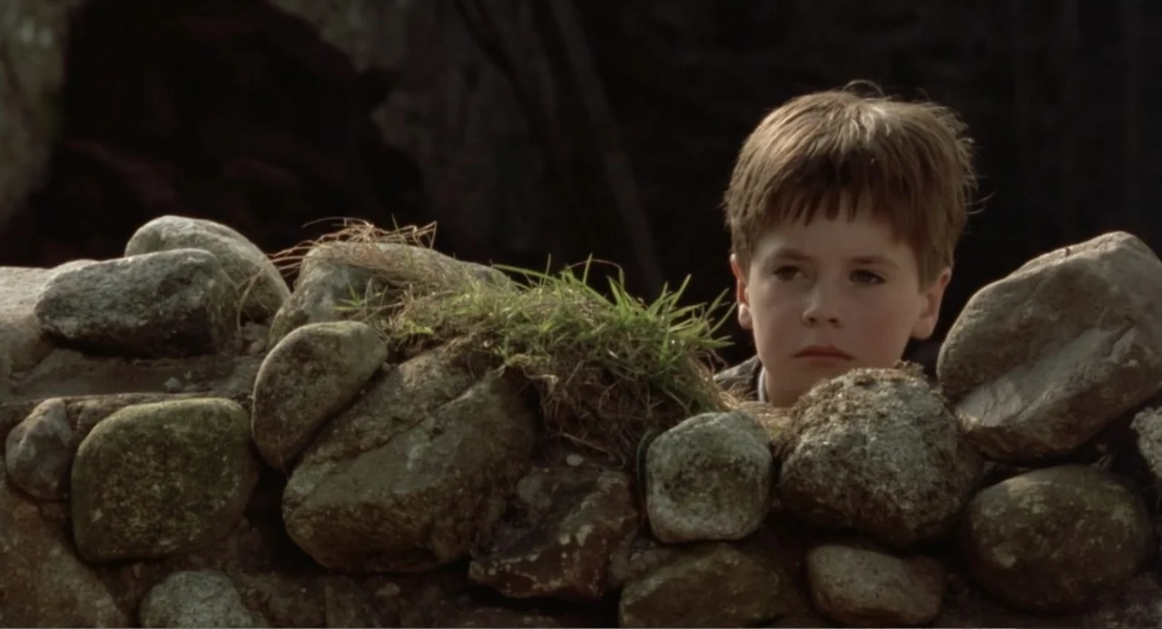 Dancing at Lughnasa (1998) movie still: closeup — A low stone wall built from rounded boulders sits in an outdoor natural environment. A young boy…