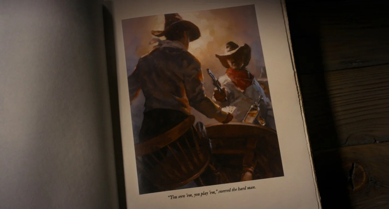 The Ballad of Buster Scruggs (2018) movie still: closeup — An open hardcover book rests on a dark wooden surface in low light. The page features a…