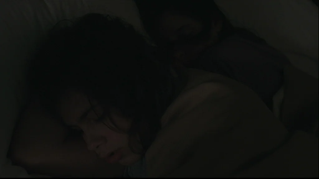 Margot At The Wedding (2007) movie still: medium — A dimly lit room at night featuring two people lying close together on pillows. One person with…