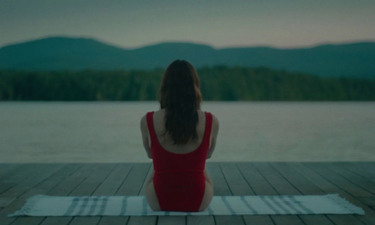 Black Bear (2020) movie still: fullbody — A wooden dock extends into a lake surrounded by mountains at dusk. A woman in a red swimsuit sits on a…