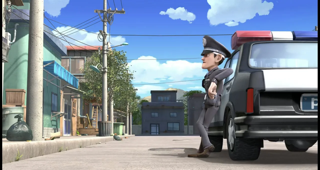 Boonie Bears: To the Rescue (2014) movie still: fullbody — A quiet city street with low-rise buildings under a clear blue sky. A police officer…