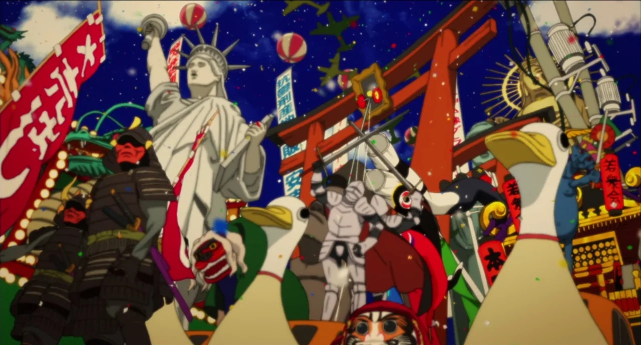 Paprika (2006) movie still: wide — A dense urban parade features eclectic figures including a Statue of Liberty and samurais. Confetti fills the air…
