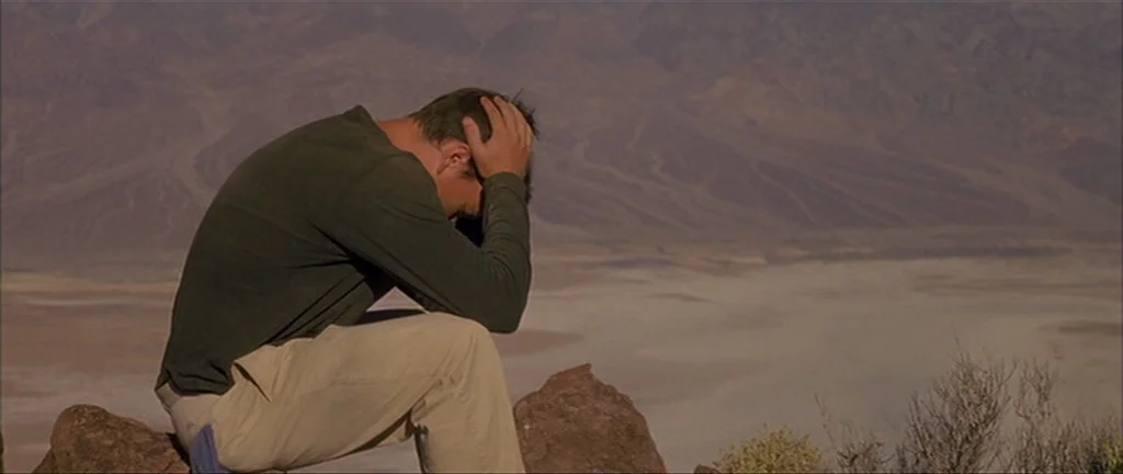 Gerry (2002) movie still: medium — A man sits on a rocky ledge overlooking a vast, dry desert valley. The man holds his head in his hands while…