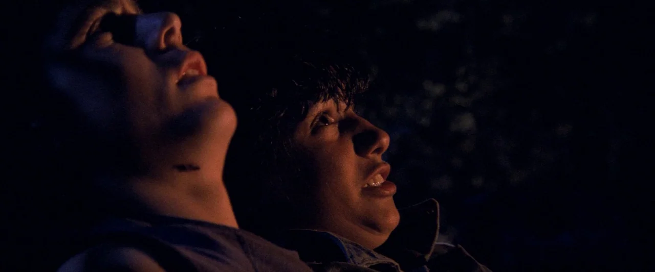 The Outsiders (1983) movie still: closeup — Two teenage boys look upward at a light source in a dark outdoor setting. The illumination originates…