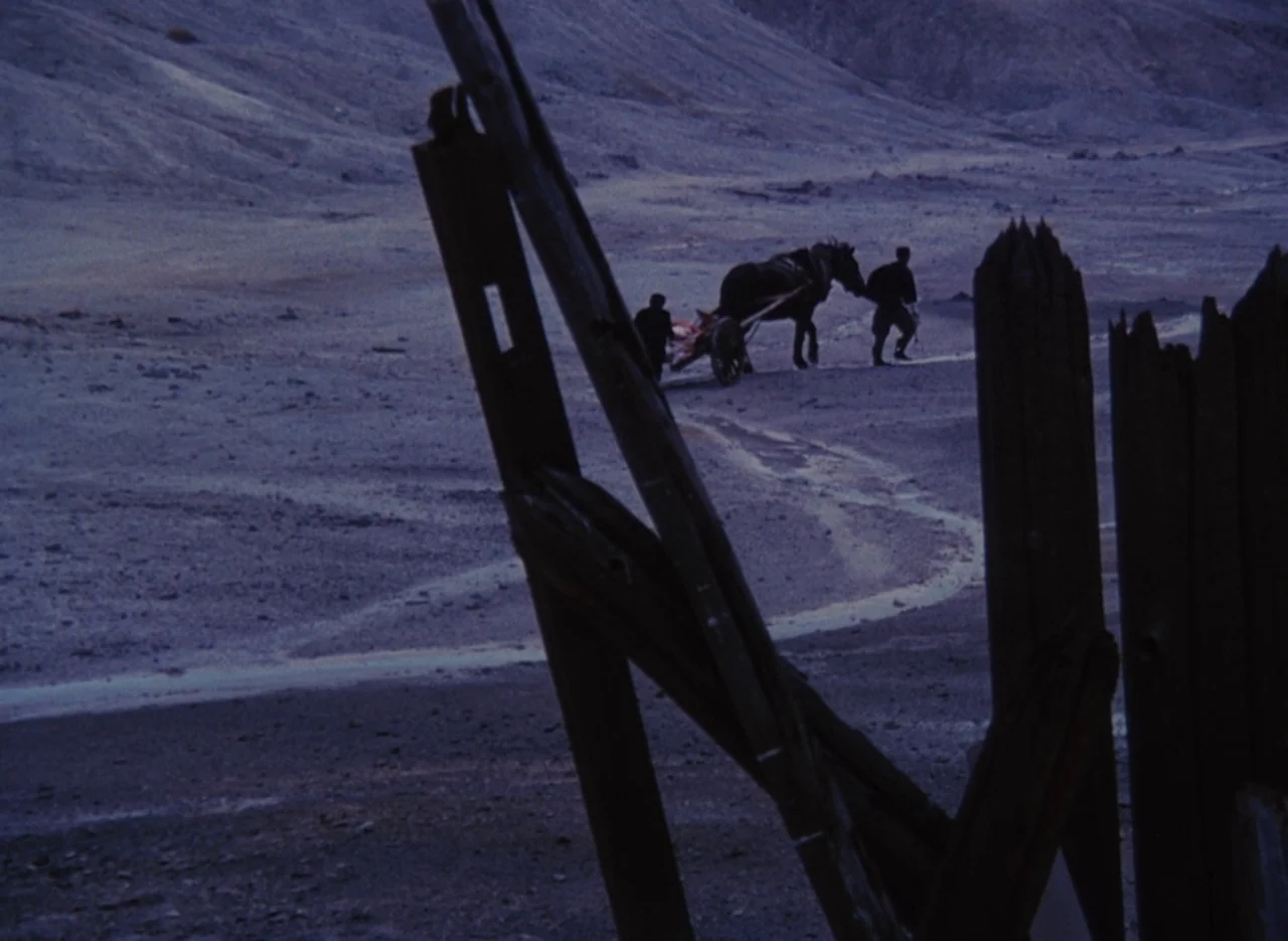 Pastoral To Die In The Country (1974) movie still: wide — A vast, empty valley floor lies under a dim blue twilight sky. Two men walk slowly,…