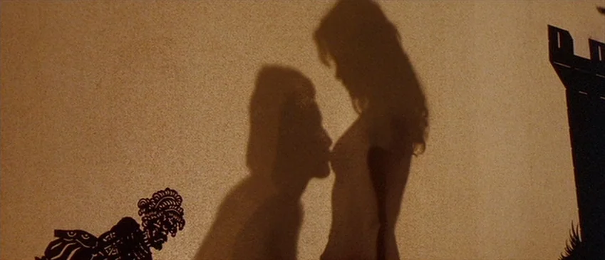 Flesh+Blood (1985) movie still: medium — A flat, textured surface displays the cast shadows of two figures in profile. A stylized cutout of a turret…