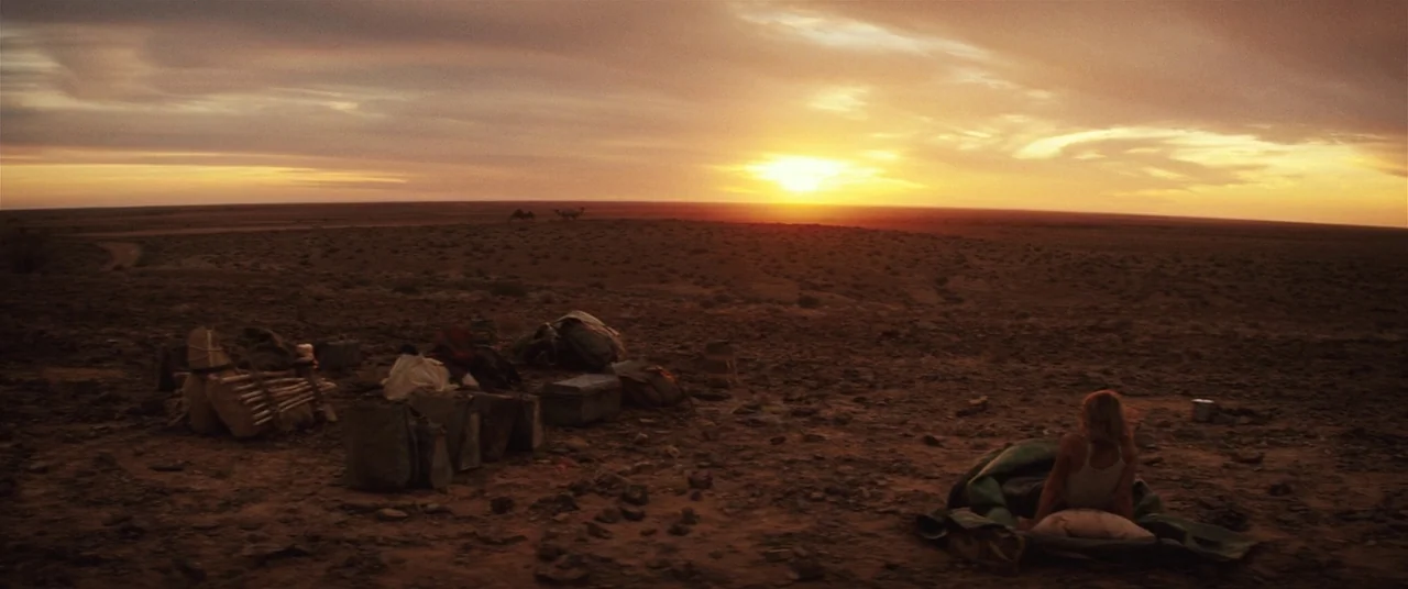 Tracks (2013) movie still: wide — A vast, arid landscape stretches toward a sunset horizon with scattered camping gear nearby. A lone person wrapped…