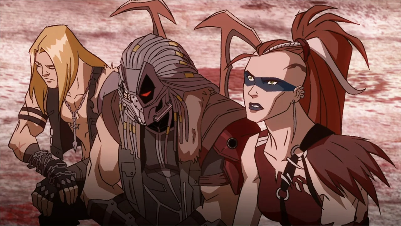 Mortal Kombat Legends: Snow Blind (2022) movie still: medium — A barren, dirt-covered wasteland stretches out behind three figures dressed in…