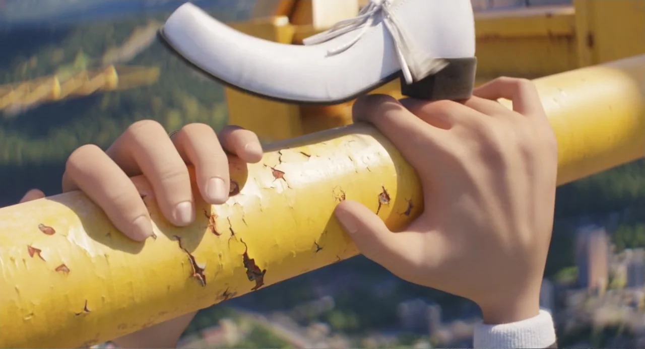 Despicable Me 4 (2024) movie still: closeup — A close-up view of a hand clutching a weathered yellow painted steel beam. A white shoe rests atop the…