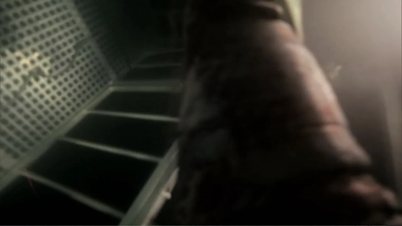 Megalodon: The Monster Shark Lives (2013) movie still: closeup — A dark, industrial staircase features metal grating walls and dim overhead…