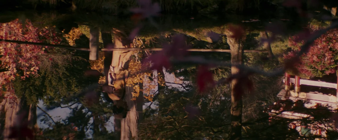 Memoirs of a Geisha (2005) movie still: wide — A tranquil pond surface displays a clear inverted reflection of a dense autumn forest. Red-leafed…