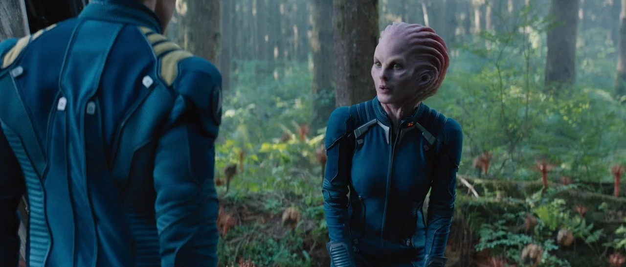 Star Trek Beyond (2016) movie still: medium — A dense woodland environment with strange reddish flora scattered across the mossy floor. Two figures…
