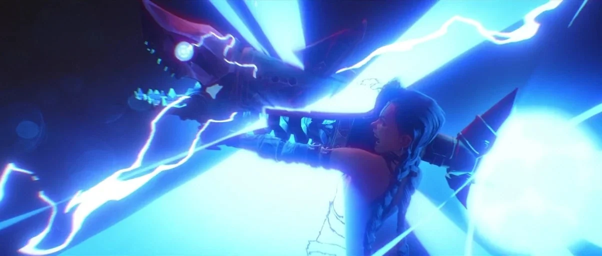 Arcane (2021) movie still: medium — A dark night setting illuminated by a intense blast of electrical energy. A woman fires a large weapon shaped…